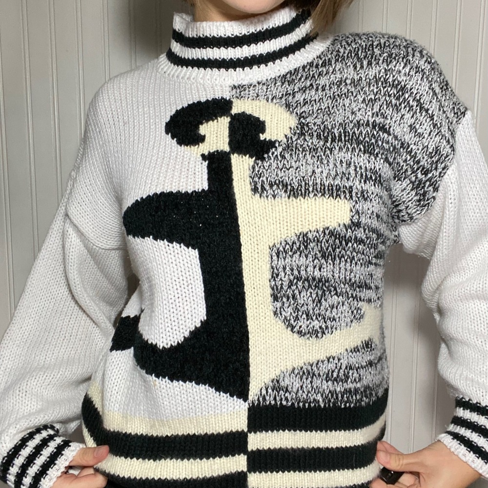 VTG Spice of Life Nautical White Anchor Block Print Sailor Angora Knit Sweater-M